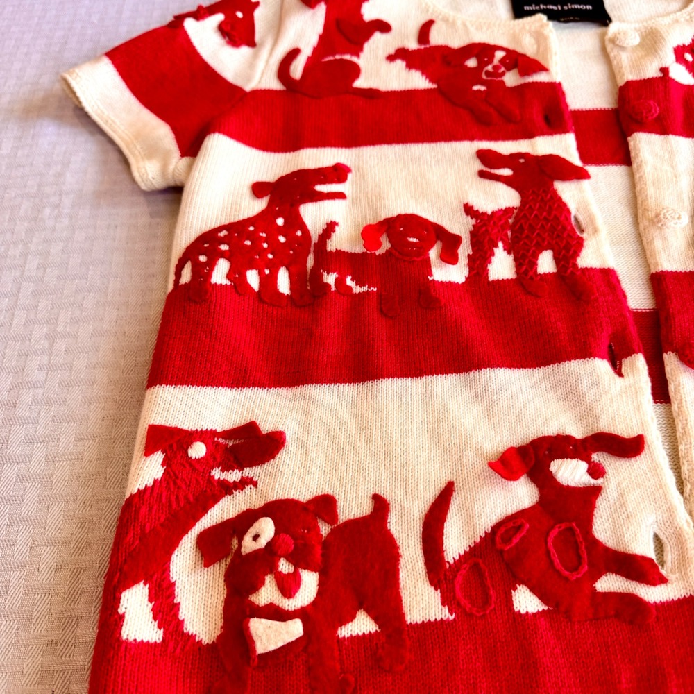 Michael Simon New York Rare Sample Dog Applique Art to Wear Cardigan Red White - Picture 10 of 16